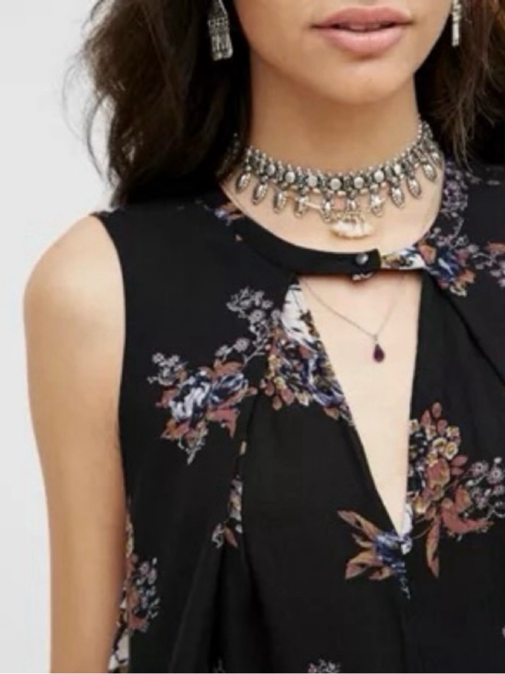 Free People Tree Black Floral Swing Dress Tunic Top Sleeveless Size XS - Picture 6 of 15